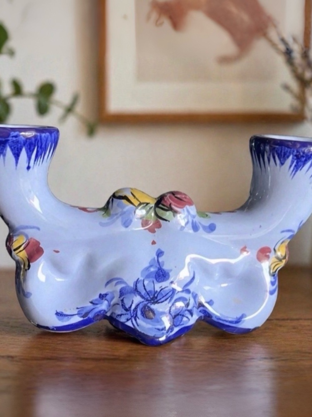 Hand-Painted Porcelain Double Candle Holder with Floral Motif